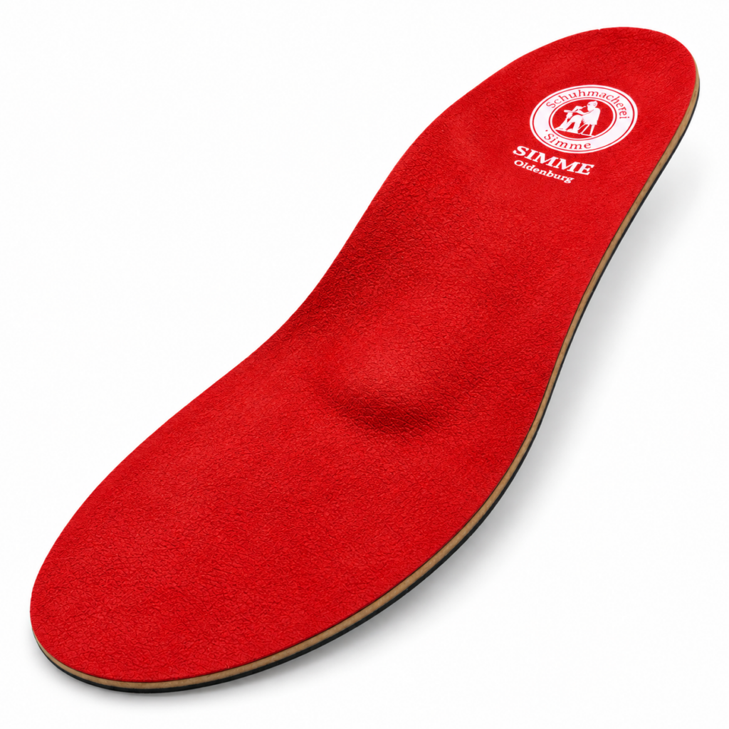 Orthopädische Einlage mit roter Oberfläche und individuell geformtem Fußbett