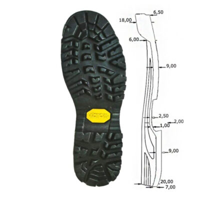 Vibram 121P Fourà Profilsohle mit seitlicher Querschnittzeichnung und Maßangaben