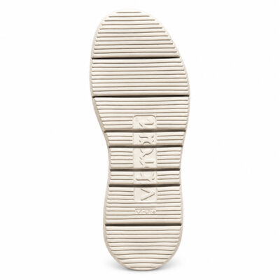 Cremeweiße Vibram-Gloxi-Cut-Sohle mit Querprofil und Vibram-Schriftzug