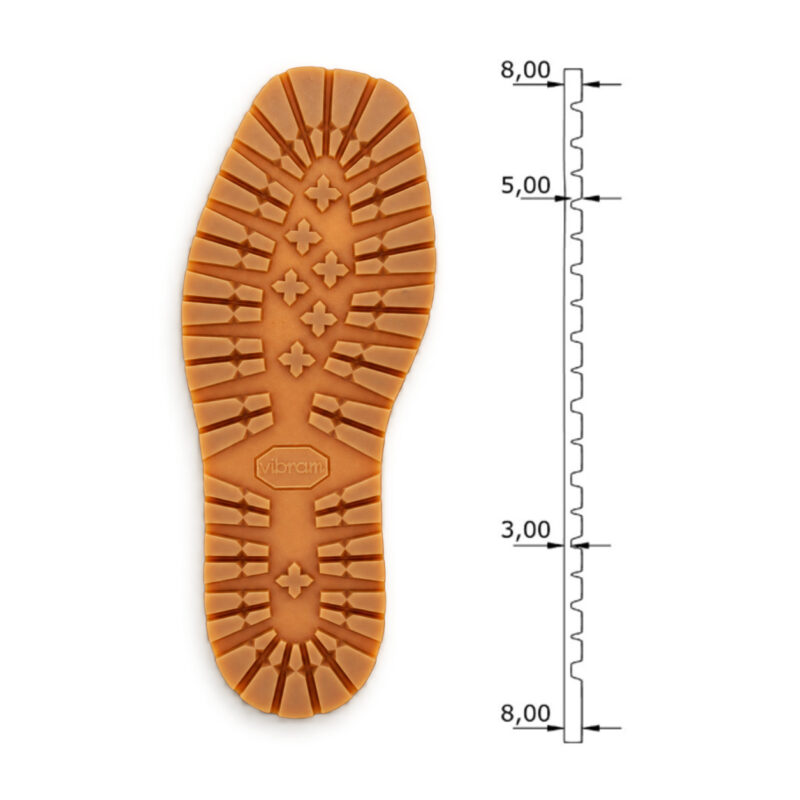 Caramelfarbene Vibram-Jankuat-Sohle mit technischem Querschnitt und Maßangaben