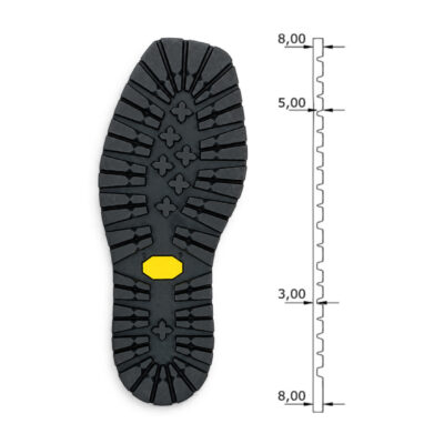 Schwarze Vibram-Jankuat-Sohle mit technischem Querschnitt und Maßangaben